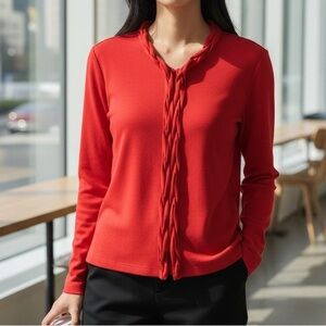 Misook Red Braided Trim Open Front Knit Cardigan SZ M